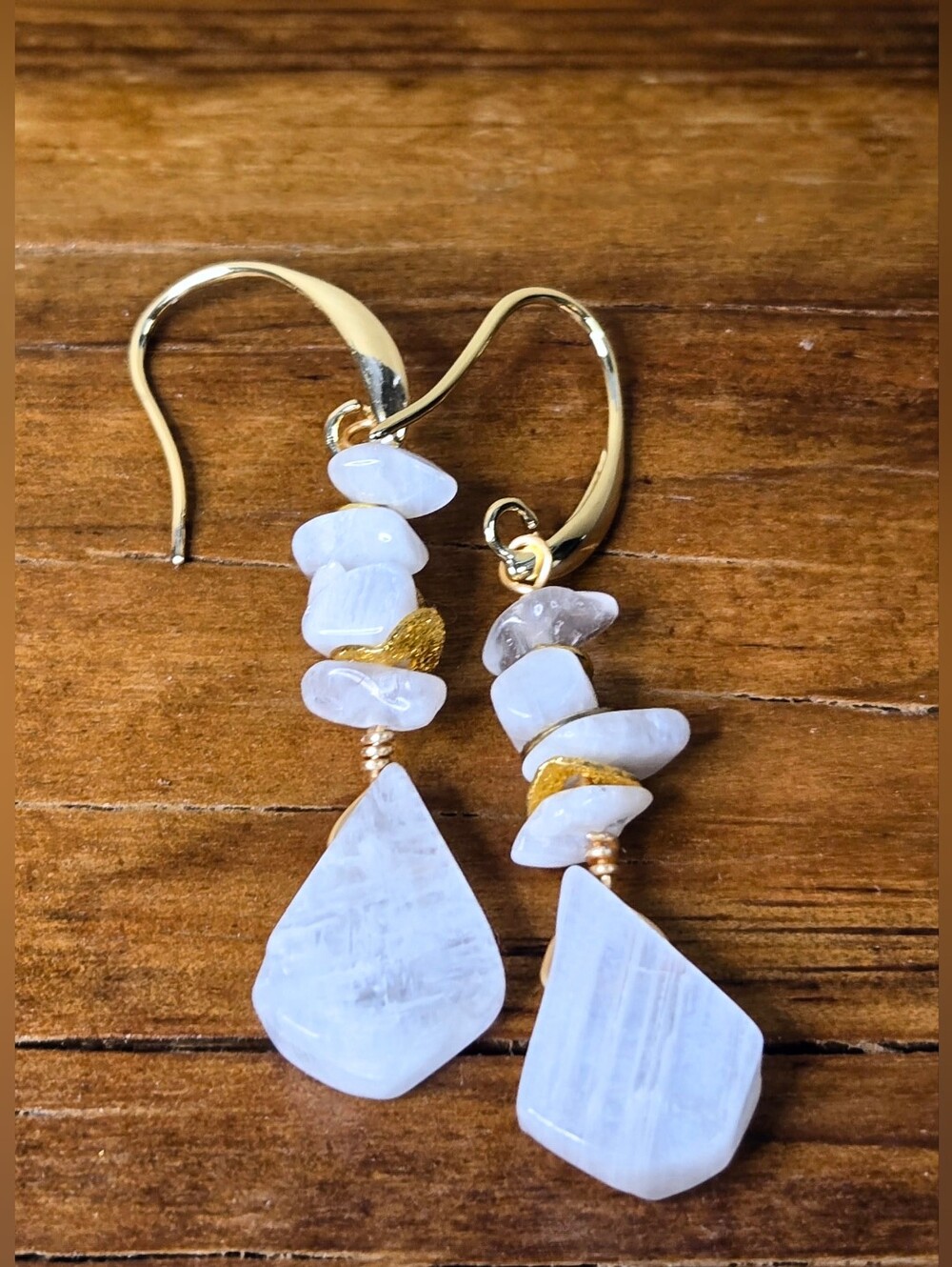 Natural Stacked MOONSTONE W/ Drop In Artisan Handmade Earrings In Gold Plated